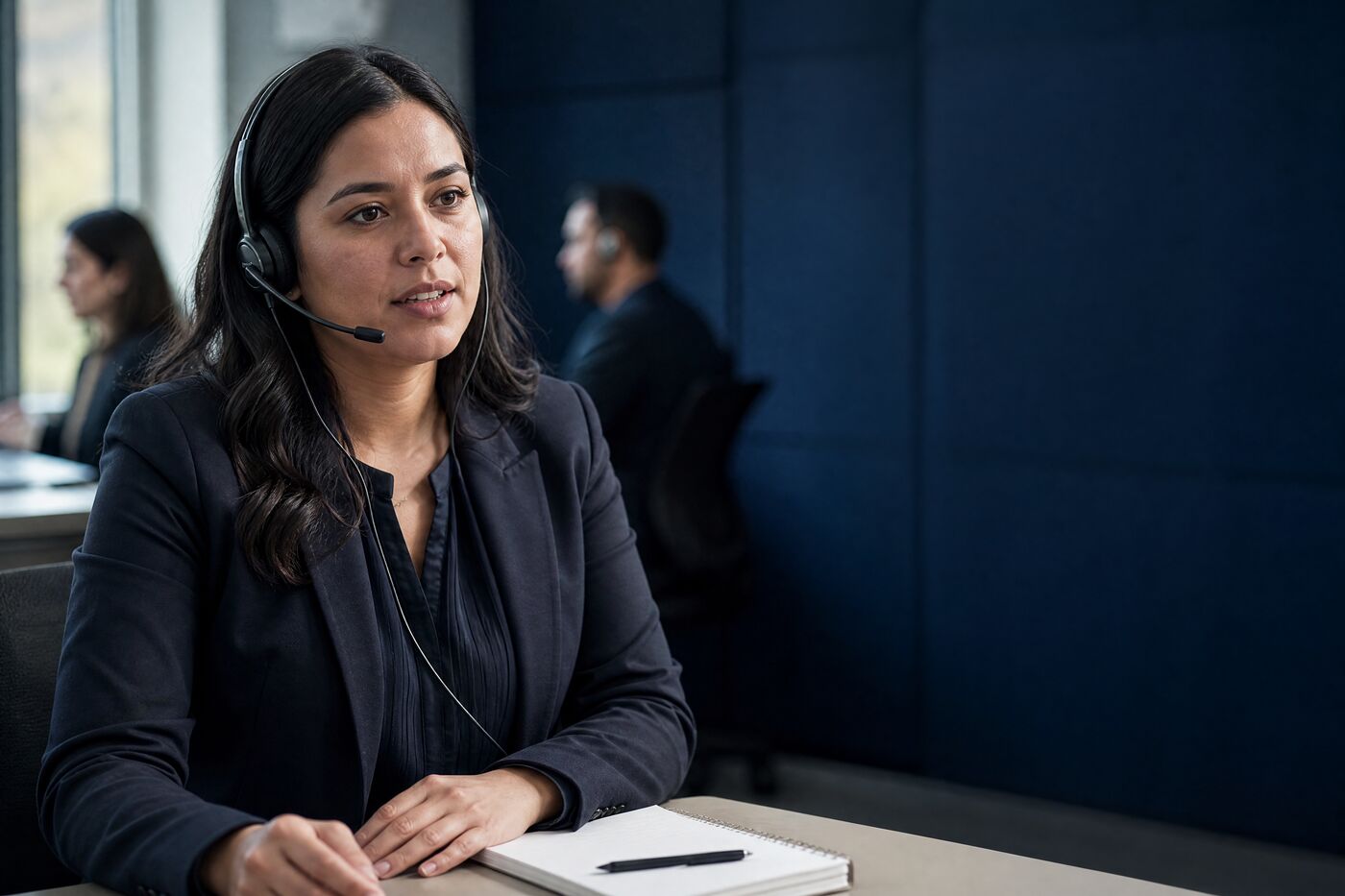A bilingual intake specialist wearing a headset, mid-call at her desk.